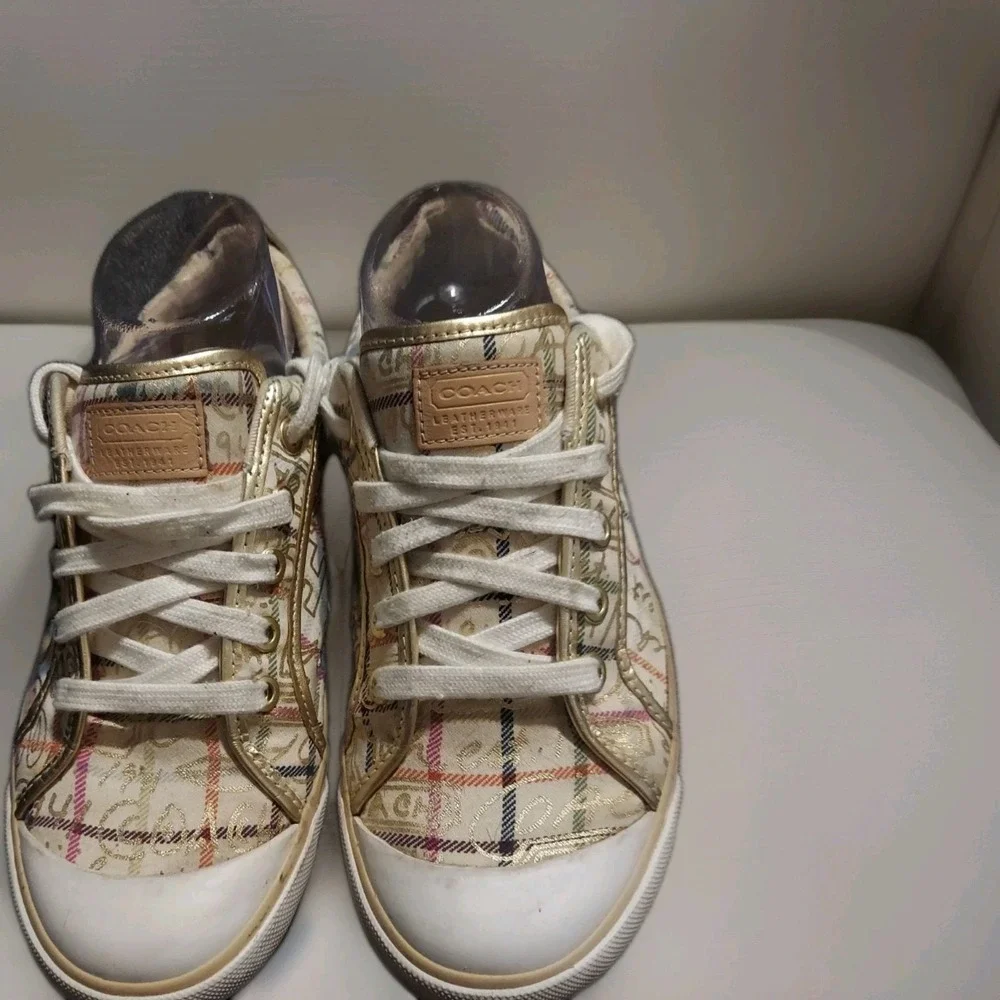 Coach Women's Size 8.5B Barrett Cream Gold Plaid Lace-Up Low Top Sneakers‎ Y2k